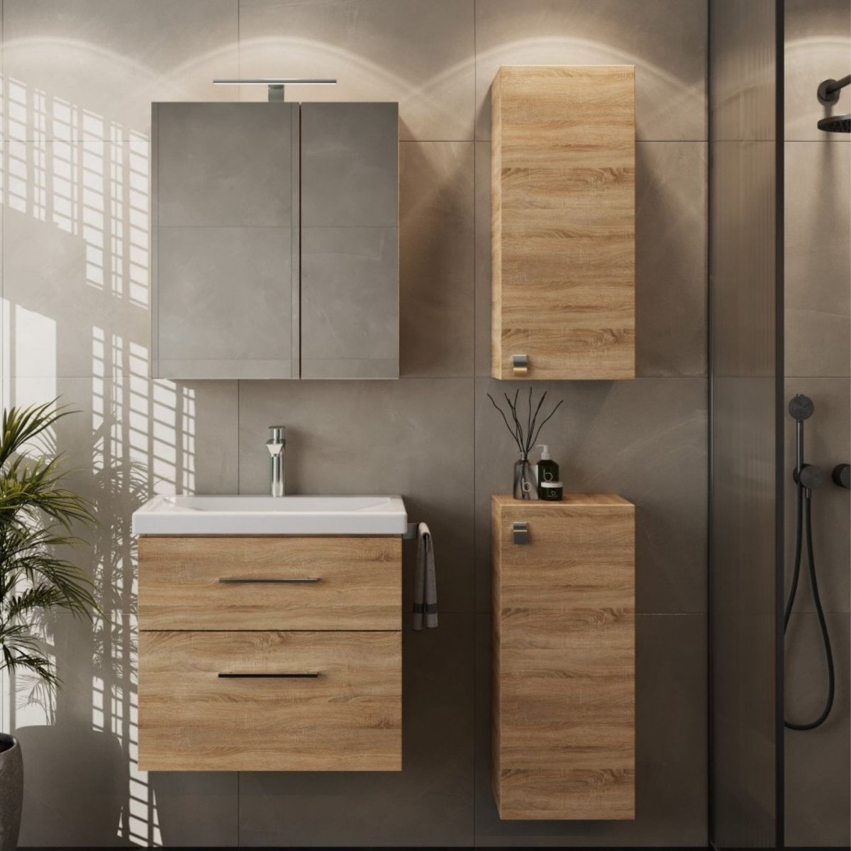 Planetmöbel Badkamermeubel Set 63 cm – Sonoma Eiken – Keramische Wastafel met LED Spiegelkast en 2 Midikasten 32 cm – Soft-Close – Stopcontact
