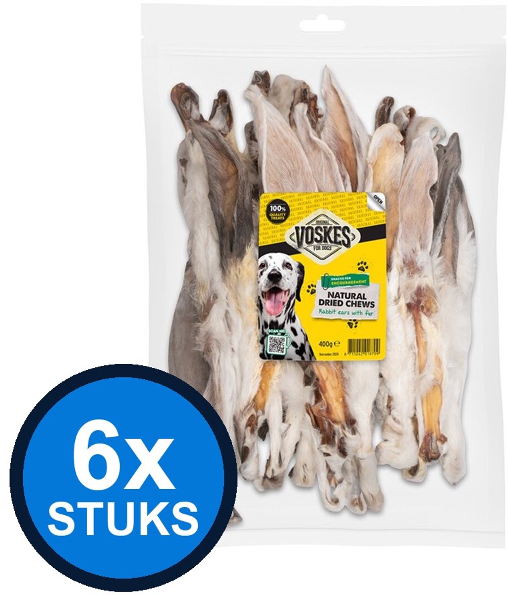 6x Voskes Konijnenoren met Vacht - Hondensnack - 400g