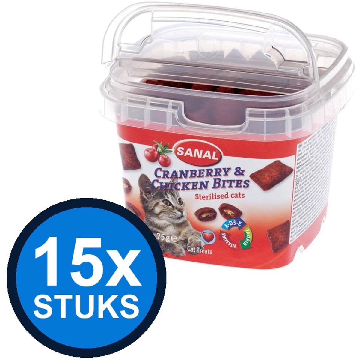 15x Sanal Cranberry & Chicken Bites Cup - Kattensnack - 75g