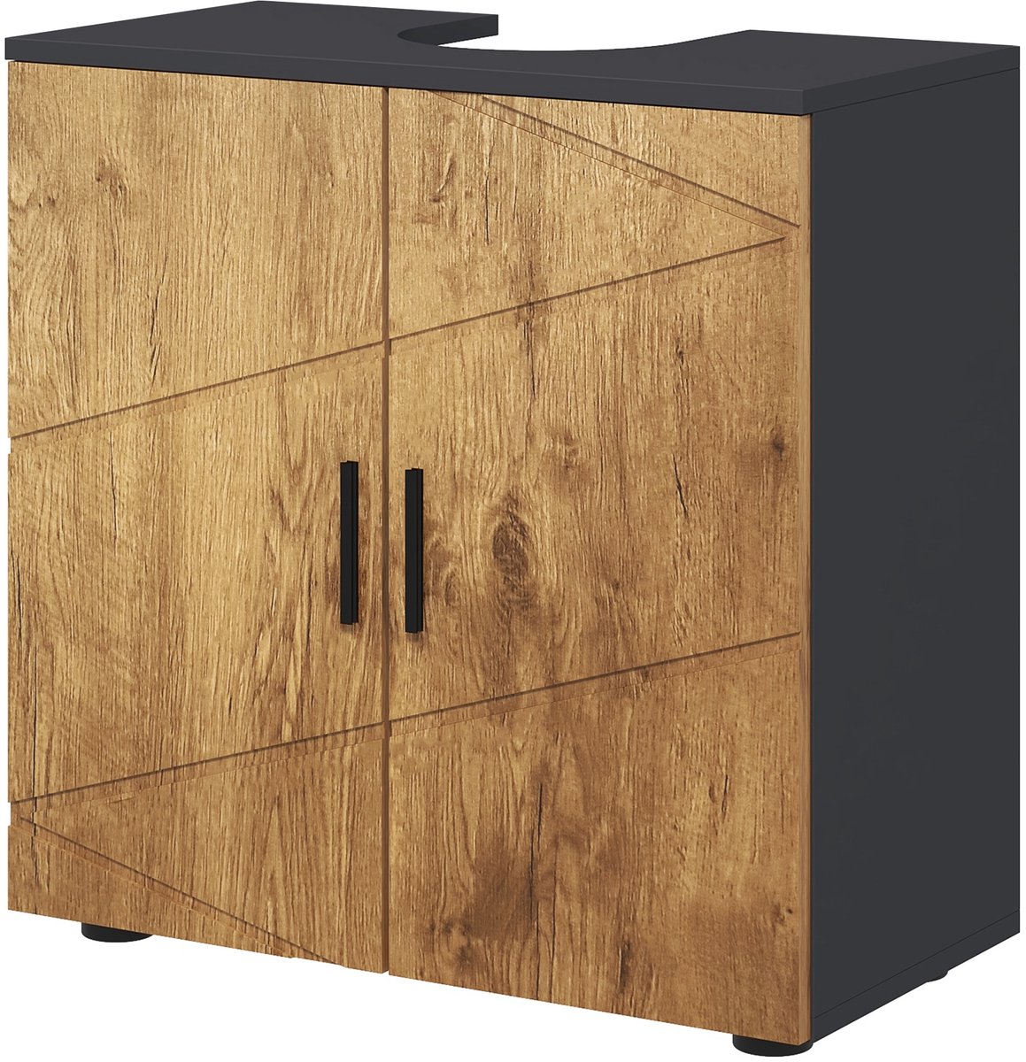 Wastafelonderkast - 60x60x30 cm - 2 deuren - verstelbare scheidingswand - compact - metaal met houtlook - antracietgrijs met houtnerf