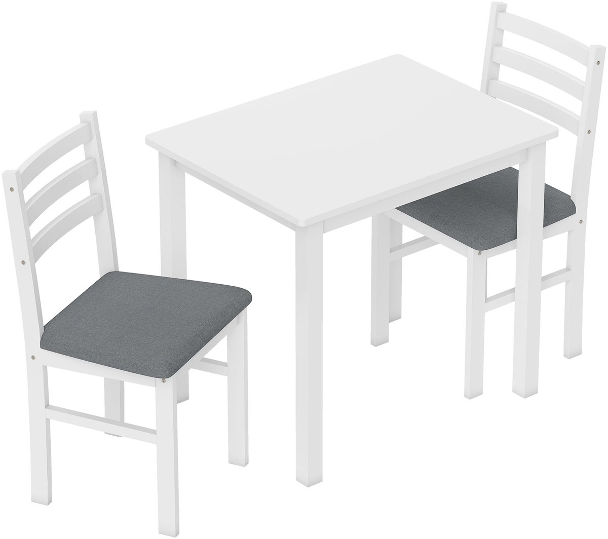 Witte 3-delige Eettafelset 80 x 60 x 74,5 cm, Eettafel met 2 Gestoffeerde Stoelen, Keukentafel met Gewatteerde Zittingen, Compacte Eetgroep, Ruimtebesparend Ontwerp, Voor Kleine Keuken, Eethoek, Appartement en Eetkamer, Stevig en Comfortabel