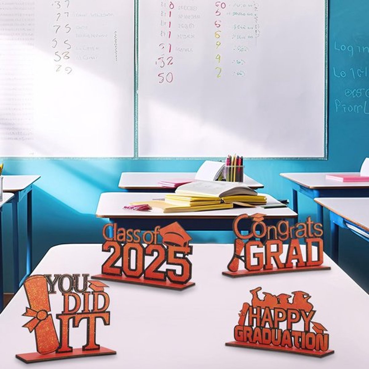 Oranje Afstudeerdecoraties - Set van 4 Stuks - Bureau Decoratie 2025 - Houten Gelaagde Dienbladtafelbord