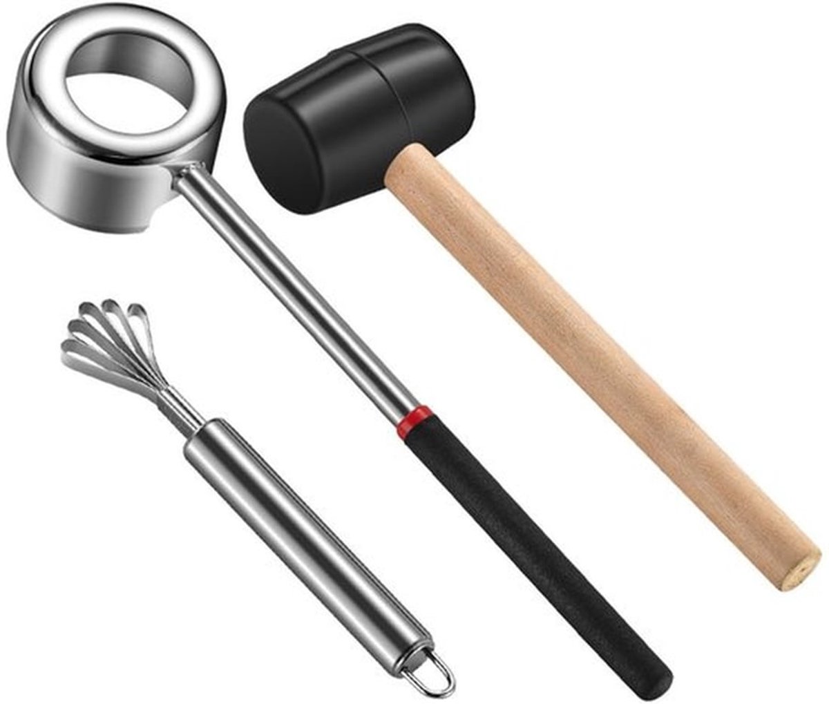 Kokosnootopener 3-delige set - Rubber hamer met houten handvat - Siliconenmat - Schokbestendig - Roestvrij staal - Voor vers kokosnotensap - Kokosnoot Gereedschap