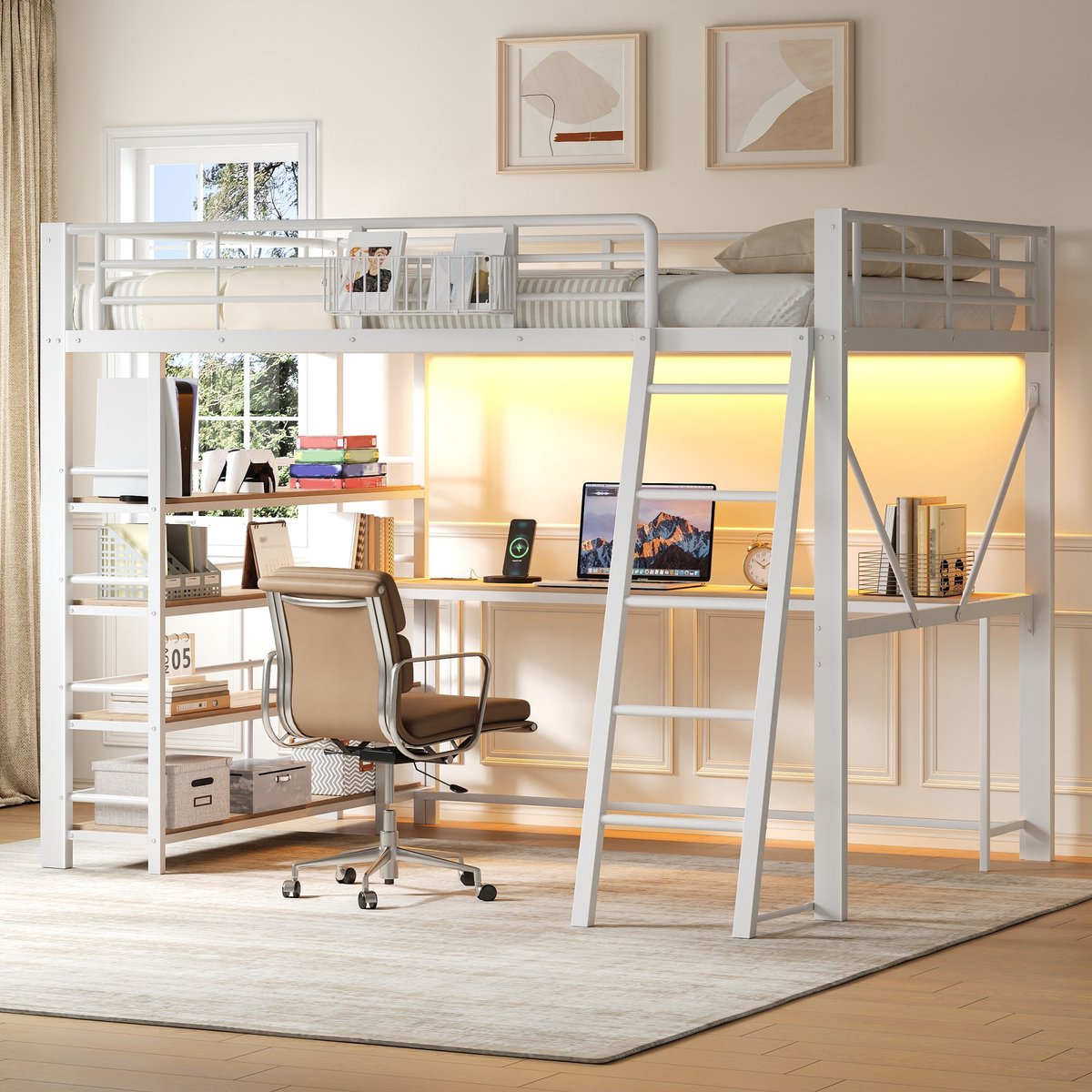 Sweiko Hoogslaper - 140 x 200 cm - Metalen bed - Met bureau - Opbergplanken - LED-verlichting - Oplaadpoorten - Wit