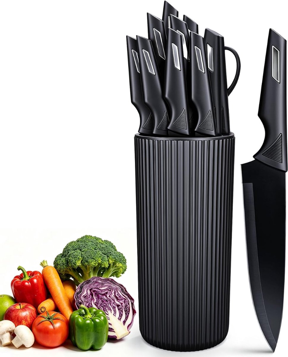 Zavio® Messenset met Blok - Messensets - Messenblok - Koksmessen - Keukenmessen Set - Zwart