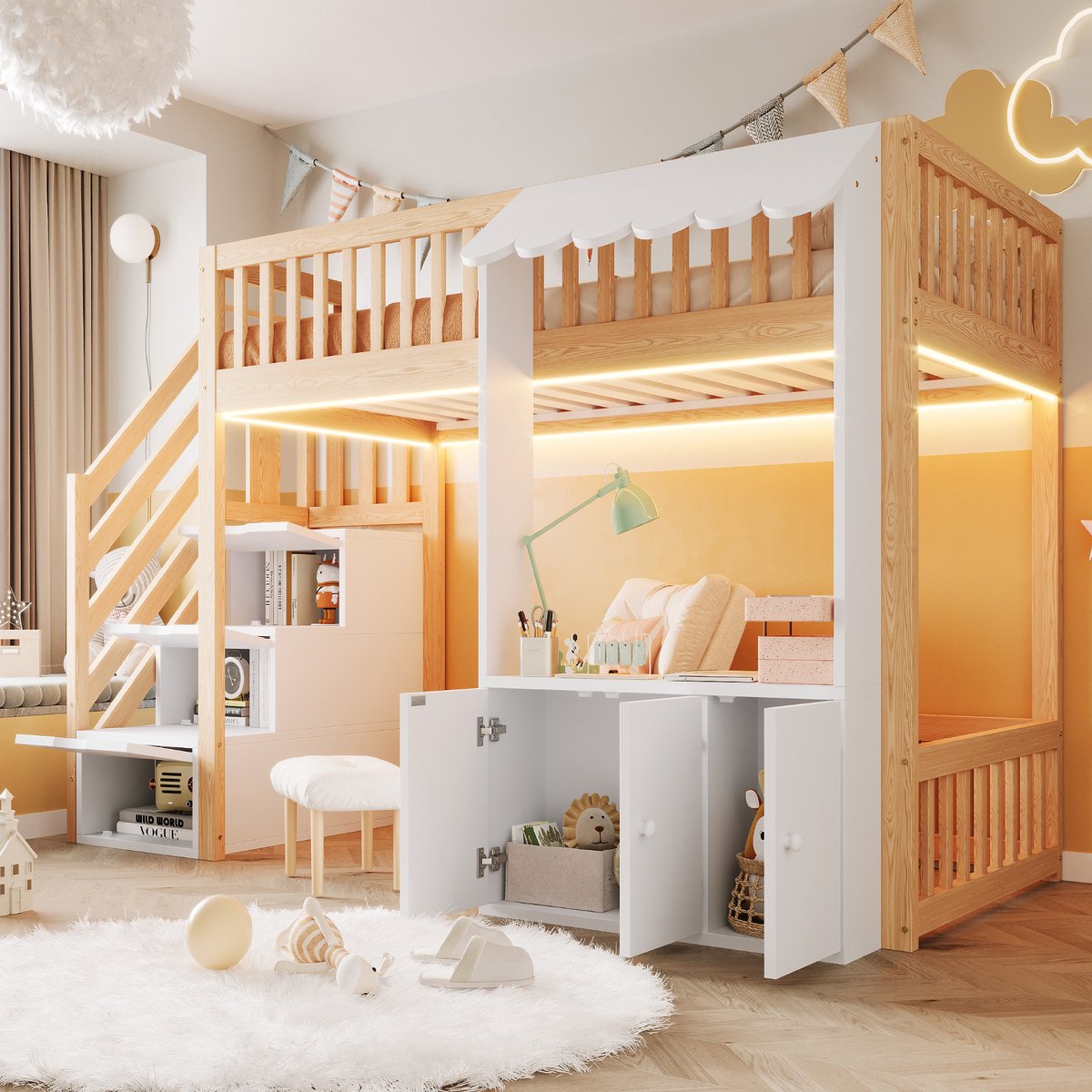 Kinderbed, Houten Hoogslaper 90×200 cm, Met Opbergkast, Opbergtrap, Meerkleurige Led-Lichtstrip, Schuin Dakontwerp, Lattenbodem, Eenpersoonsbed-Natuurlijk