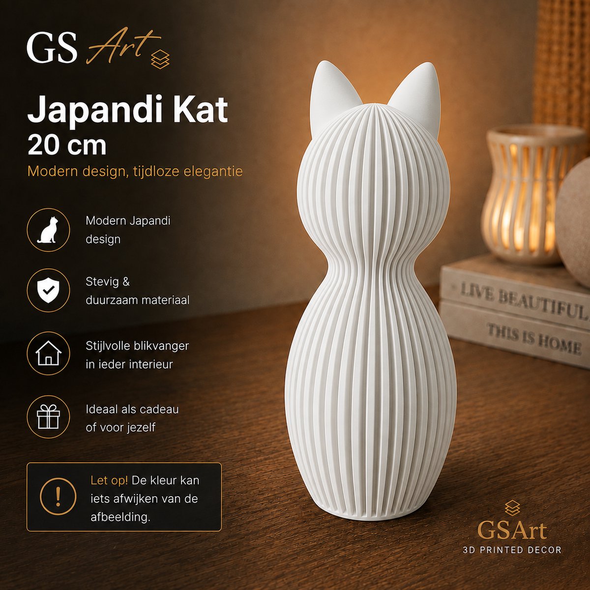 GSArt Japandi Kat 20 cm – Modern 3D Geprint Decoratiebeeld - Mat Wit