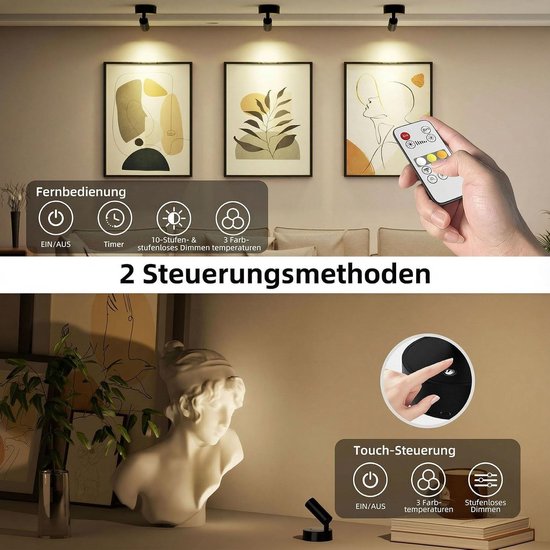 Draadloze oplaadbare USB-led-wandspot (4000 mAh) | Leeslamp met afstandsbediening & touchbediening – Ingebouwde timer; geschikt voor planten, kunst, kasten, slaapkamers, woonkamers – 1 stuk [Energieklasse F] — afbeelding 3