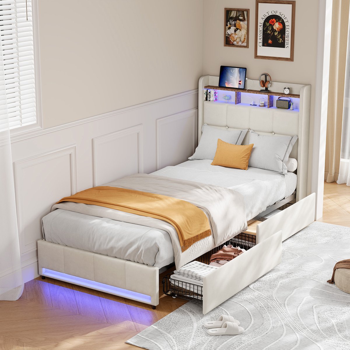 Kinderbed 90x200 cm, eenpersoonsbed met opbergruimte, 2 lades, USB- en Type-C-aansluiting, LED-verlichting en hoofdbord met vakken, linnen, beige, zonder matras