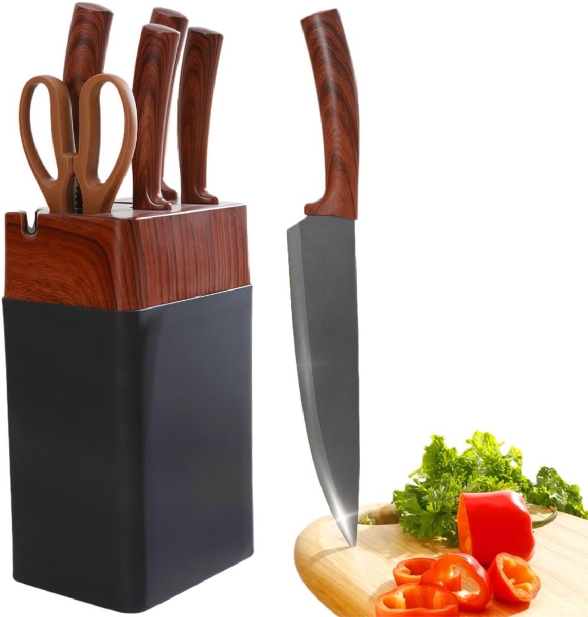 Zavio® Messenset met Blok - Messensets - Messenblok - Koksmessen - Keukenmessen Set - Zwart en Bruin