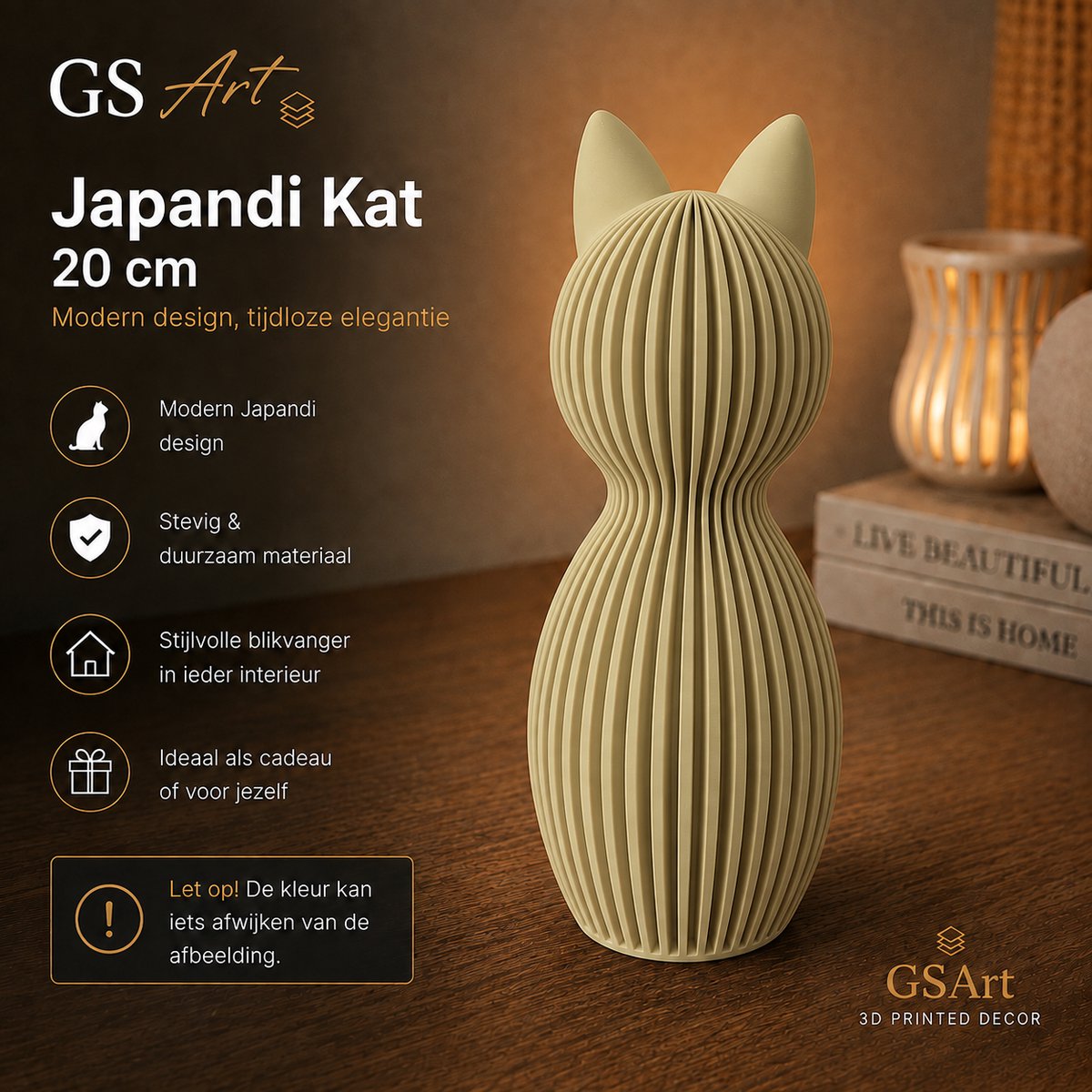 GSArt Japandi Kat 20 cm – Modern 3D Geprint Decoratiebeeld - Mat Woestijnbeige