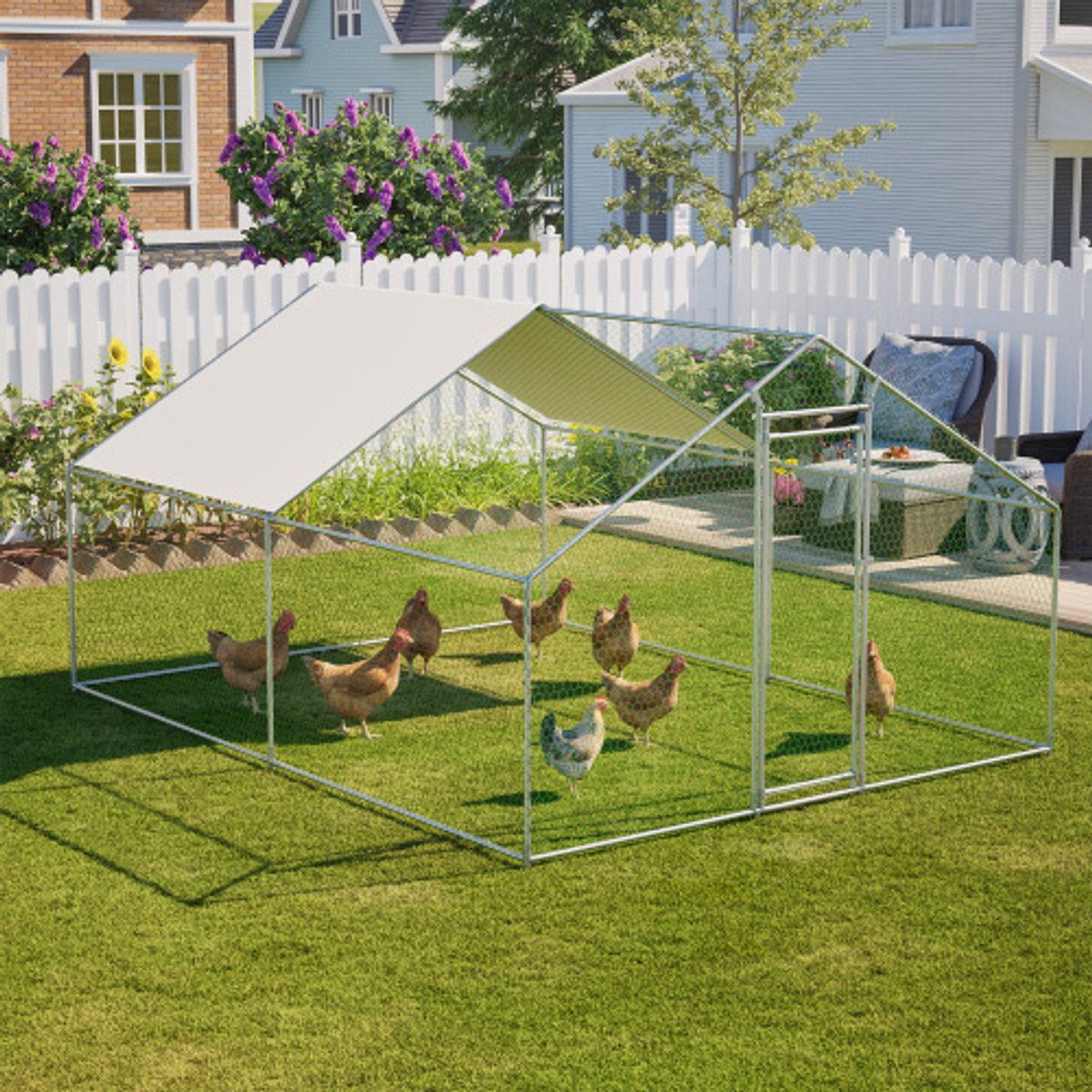 Kippenren 3x4x2m met veiligheidsslot en waterdicht PE-doek, metalen ren voor kippen, konijnen en andere kleine dieren