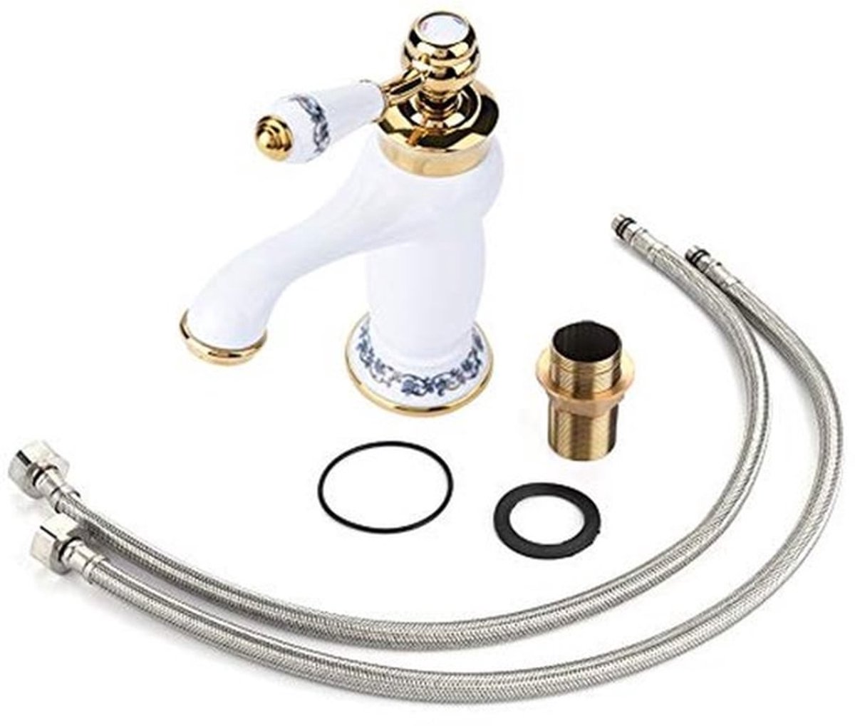 Antiek Messing Keramische Badkamer Wastafelkraan Blauw Wit Porselein, Lange Nek Wastafelkraan, Keuken Kraan, Koud/Warm Water Kraan, Kraan (Wit)