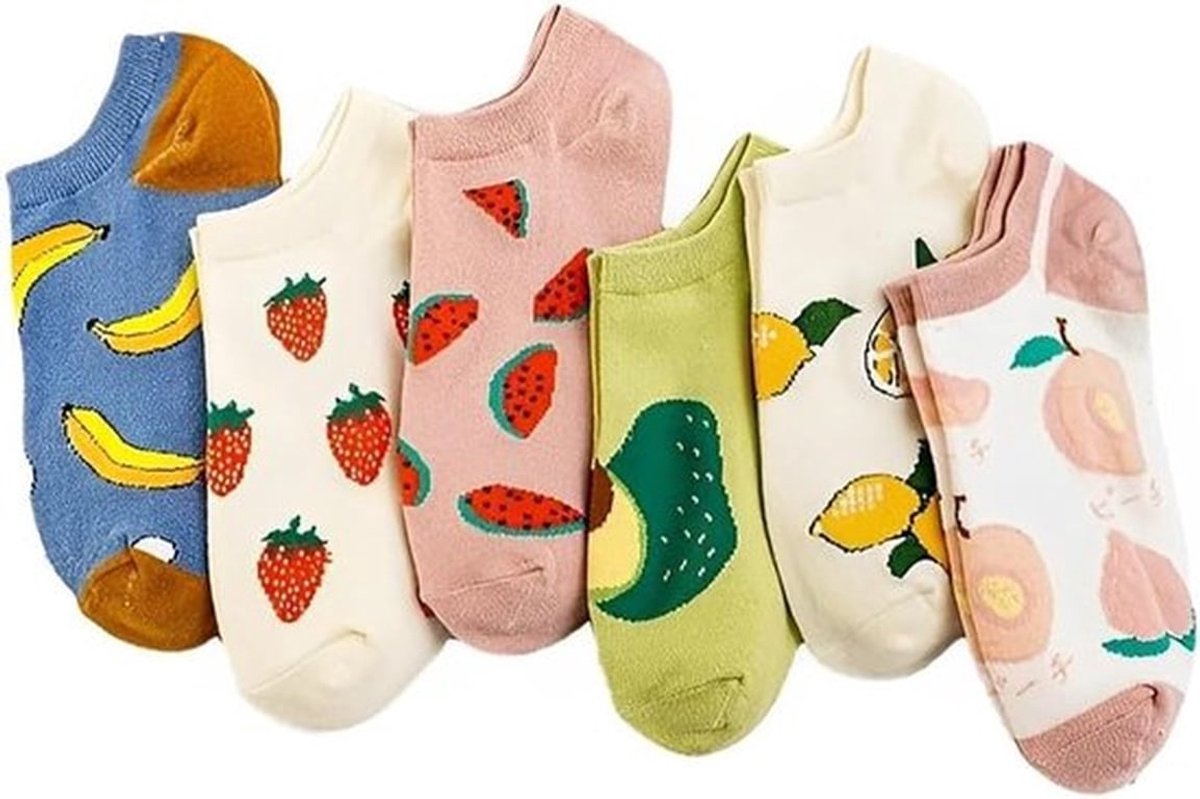 6 paren grappige sneakersokken voor vrouwen en meisjes - fruitprint - casual katoenen sokken - multikleur - kort