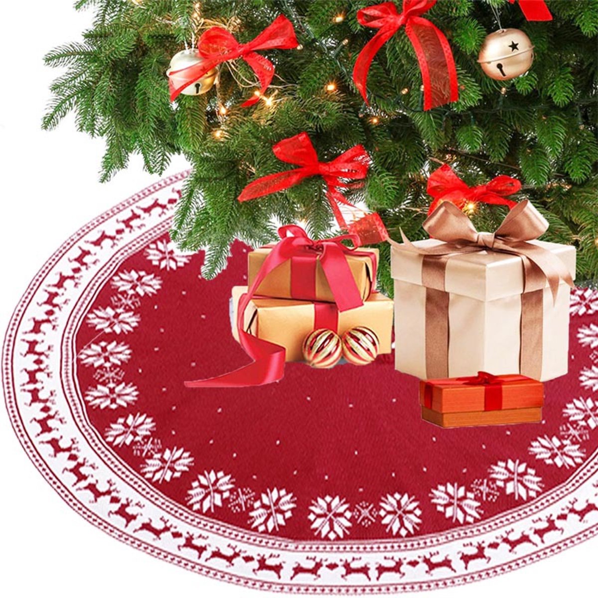 Kerstboomrok 122cm, Rood‑Wit Rurale Kerstboom Onderkleed met Rendieren en Sneeuwvlokken - Kerstboomonderkleed Kerstdecoratie - Polyester Kerstdecoratie voor Kerstfeest en Nieuwjaar