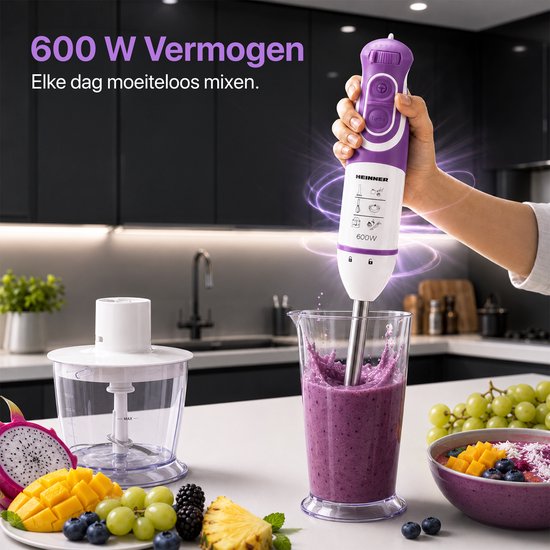 Heinner Staafmixer Set - 600W - 5 Snelheden - Turbo Functie - 700 ml Maatbeker - Hakmolen - Garde - RVS Staaf - Wit/Violet van Heinner — afbeelding 5