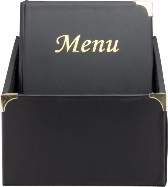 Zwarte menukaartenbox met gouden hoekjes en 6 zwarte menumappen met 'Menu' erop in goud.