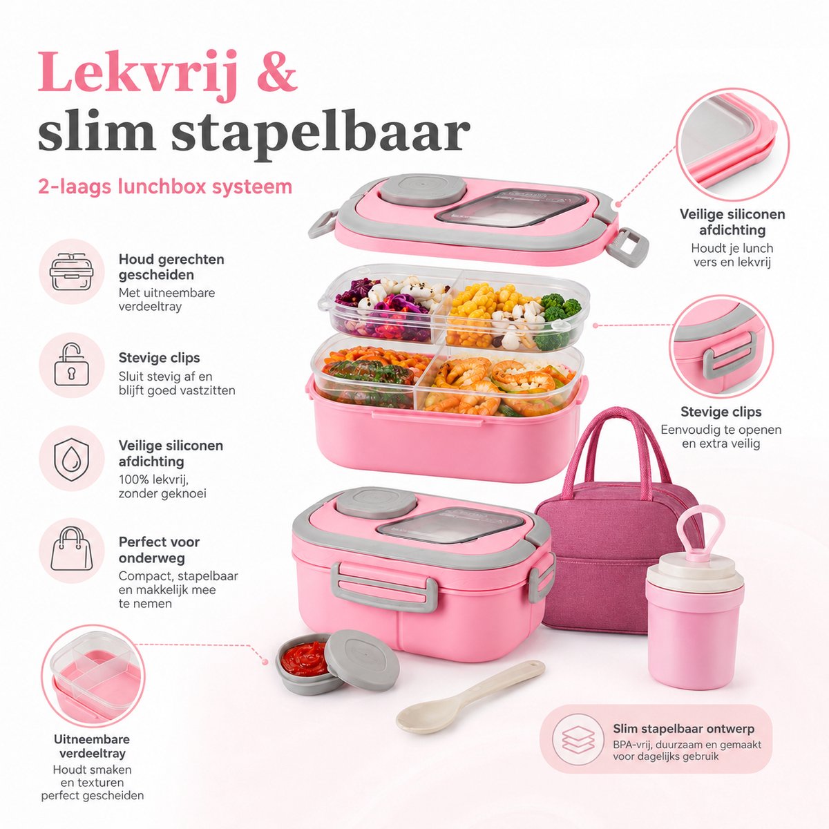 Bobypet - Lunchbox Set met Geïsoleerde Lunchtas- 1200ml - 2-Laags Stapelbare Broodtrommel met Vakjes - Lekvrij en BPA-Vrij - Inclusief Bestek, Sausbakje en Waterbeker - Geschikt voor Magnetron - Roze — cadeau in Koken & Dineren - foto 5