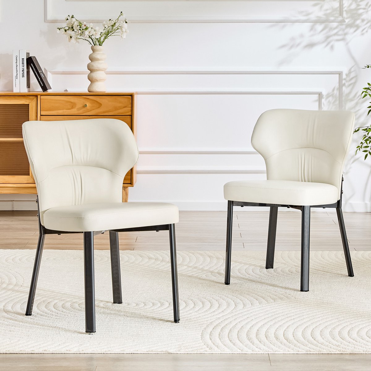 Wishdor 2-delige set eetkamerstoelen - PU-leer - gepolsterde zitting - zwarte metalen poten - beige - zonder tafel