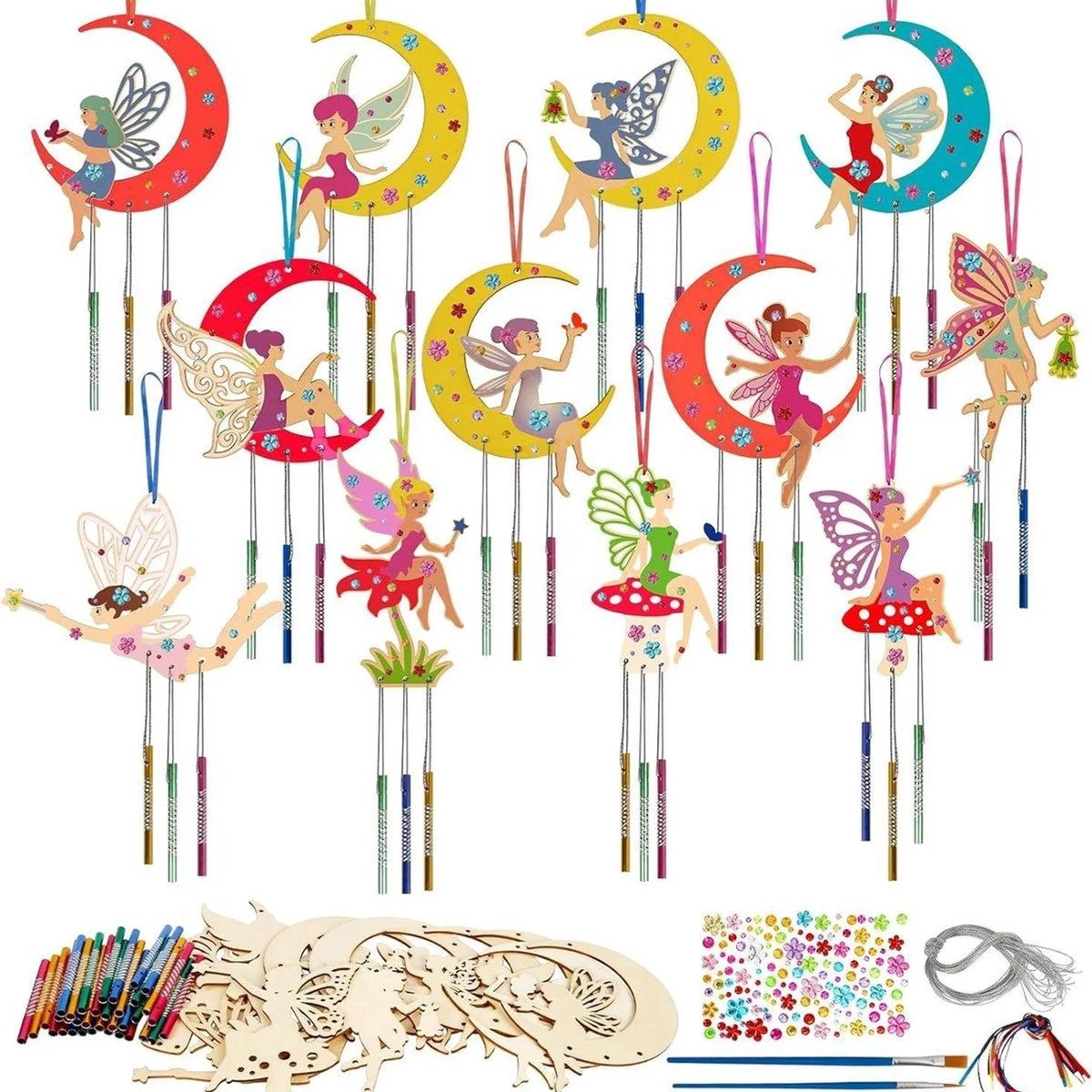 Casalora 12-delige Feeën Windgong Knutselset – DIY Houten Windgong om te Kleuren – Kinder Creatieve Knutselactiviteit – Houten Decoratiehanger – Raamdecoratie,Tuindecoratie