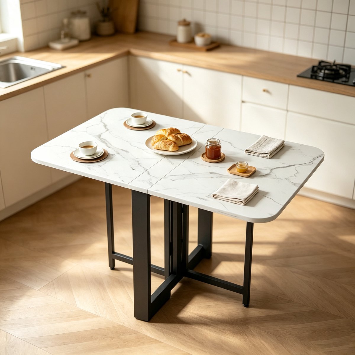 Vouwtafel 120 x 80 cm Eettafel voor 4‑6 personen marmerlook tafelblad zwart metalen frame opklapbare eettafel voor thuis en klein appartement