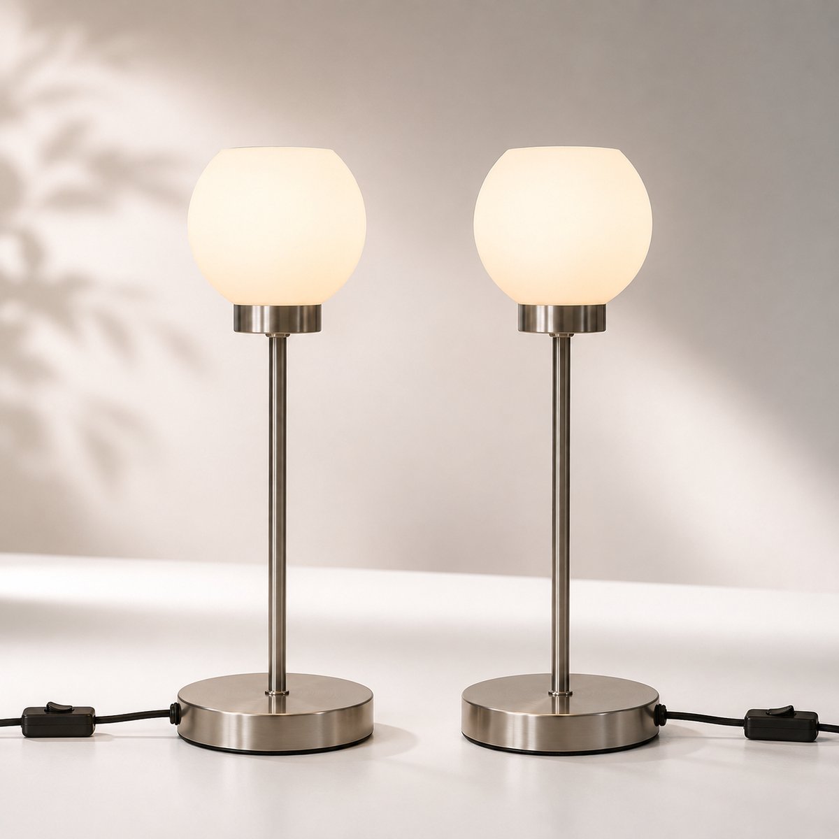TRANGO Set van 2 LED-bureaulamp 2018-06*2 in mat nikkel met gesatineerde glazen kap *NEW JERSEY* Tafellamp, bedlampje, vensterbanklamp incl. 1x 4,5 Watt LED Module Lamp 3000K warm wit