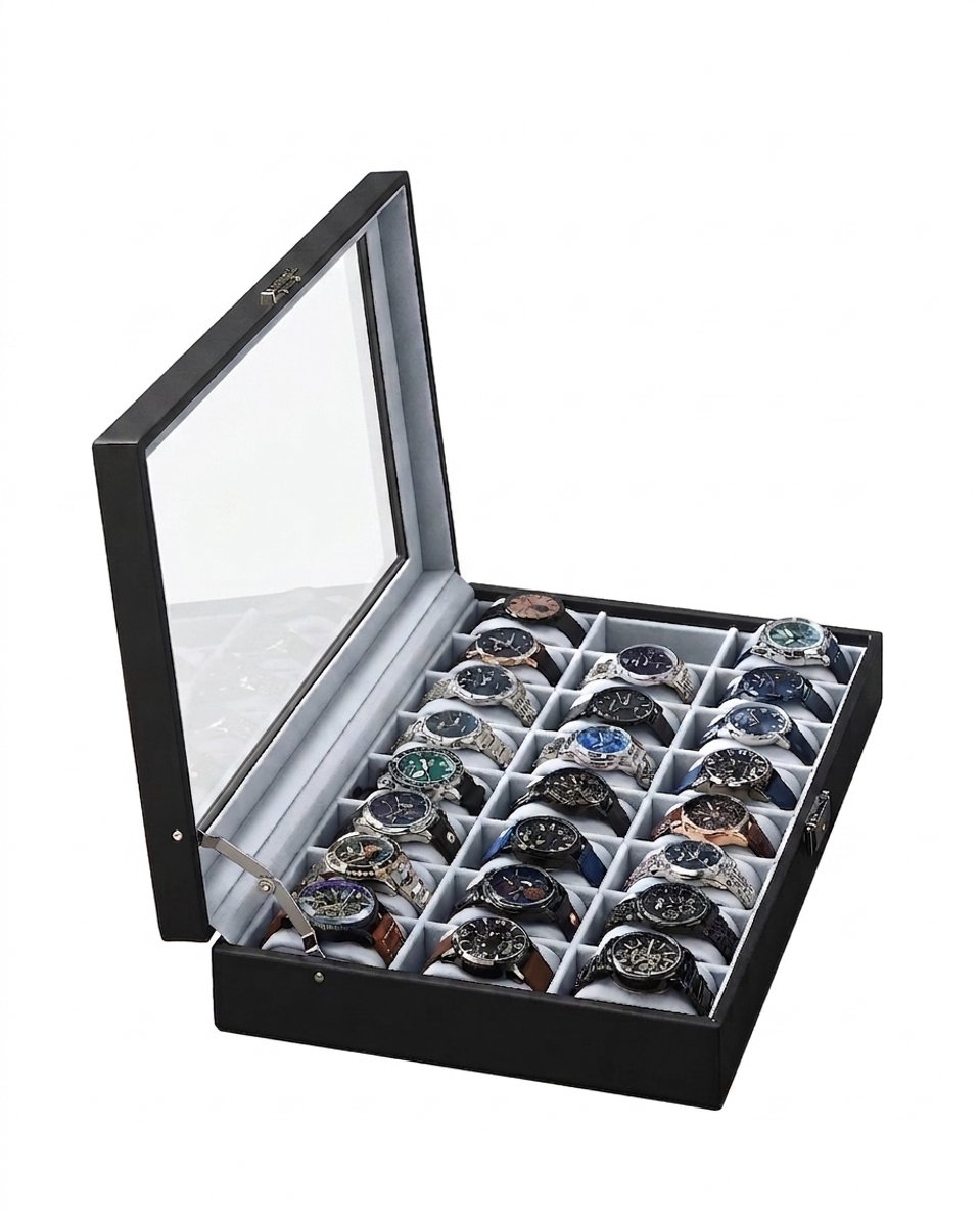NordHaus Horlogedoos - Horloge organizer - Horloge opbergdoos - 24 vakken met glazen deksel - 43 x 29,5 x 8 cm, tot 48 mm