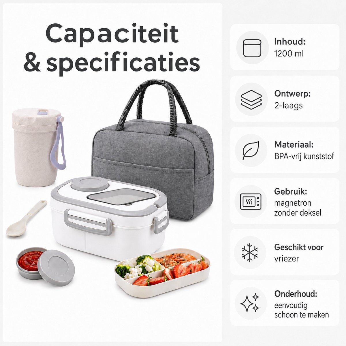 Bobypet - Lunchbox Set met Geïsoleerde Lunchtas- 1200ml - 2-Laags Stapelbare Broodtrommel met Vakjes - Lekvrij en BPA-Vrij - Inclusief Bestek, Sausbakje en Waterbeker - Geschikt voor Magnetron -Wit — cadeau in Koken & Dineren - foto 3