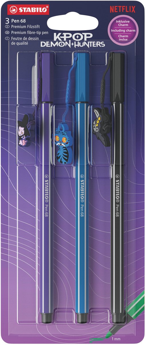 STABILO x KPop Demon Hunters Pen 68 - Viltstift + KPop Charm - Blister Met 3 Kleuren