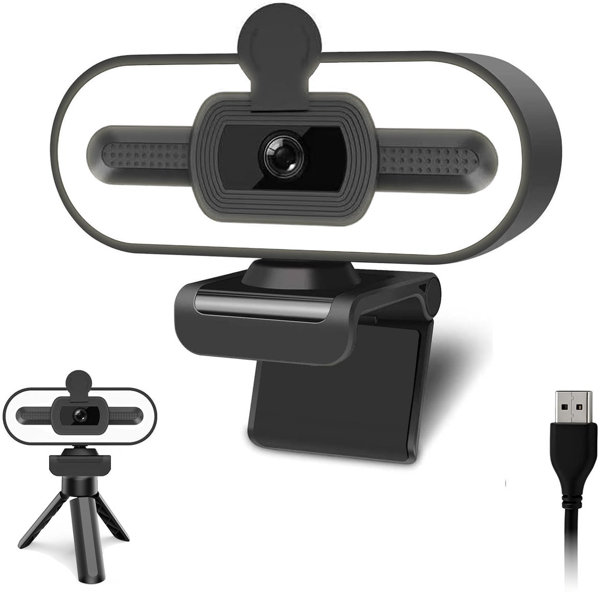 Namajunas - Webcam - Full 1080P HD Camera - 360° PTZ Clip - Met Ringlamp & Microfoon - 3 Niveaus Vullicht + Knipperfunctie - Streaming Webcamera - Met Webcam Cover & Statief - Met 1.5 M Kabel - Plug & Play USB - Voor PC, MAC, Laptop & Desktop