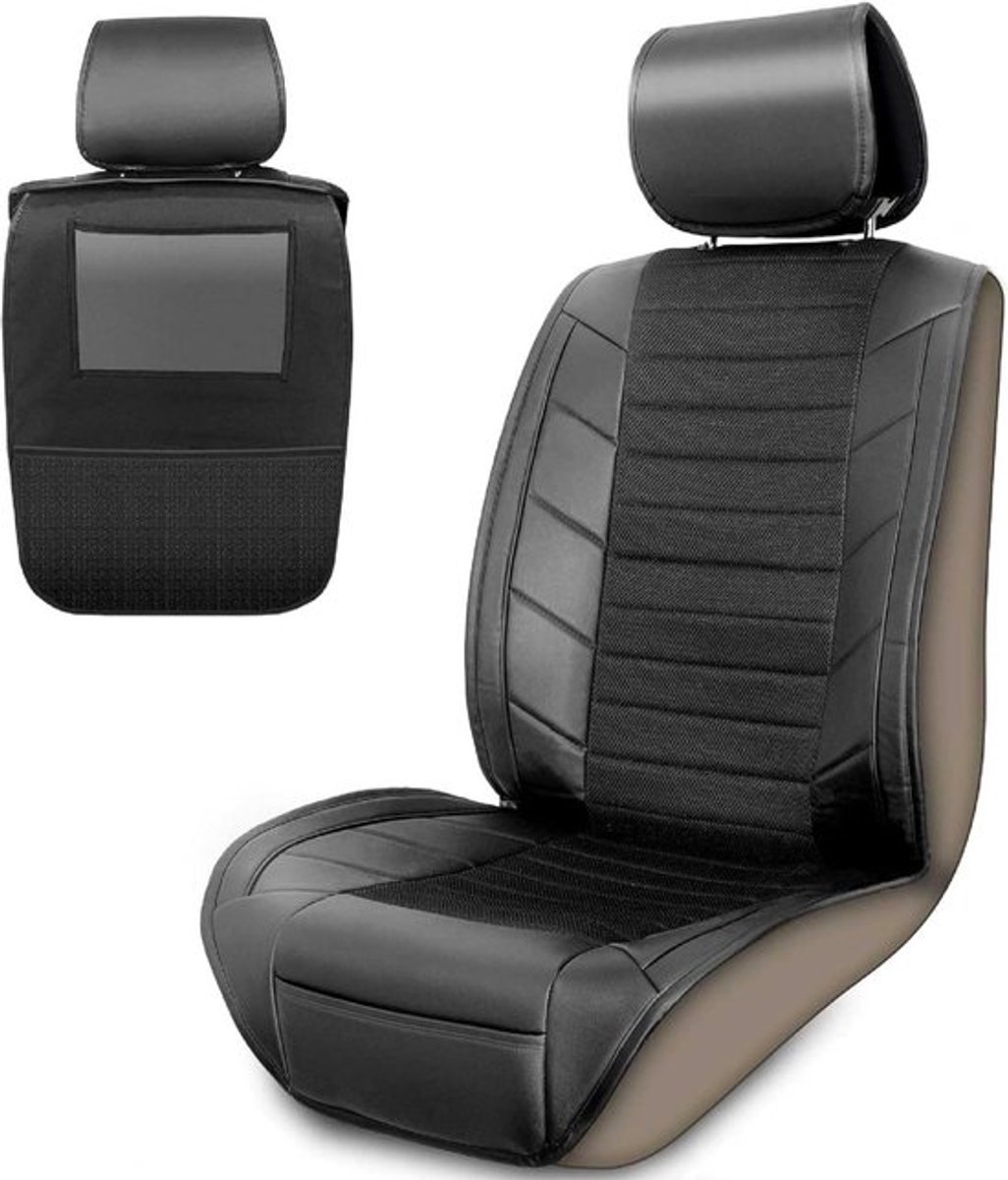 Thijox - Autostoelbekleding voorstoelen leder look zwart - Universele autostoelhoezen met organizer voor achterbank - Waterdichte antislipmat - Autost