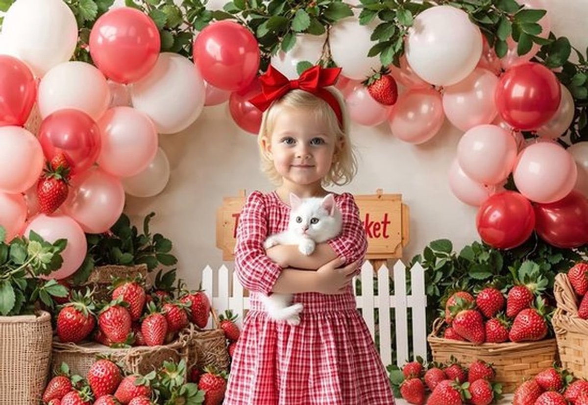 Fotografie Achtergrond 2,2 x 1,5 m - Microvezel Achtergrond - Roze Aardbei - Verjaardag Achtergrond - Babyborrel Achtergrond - Schokbestendig Materiaal - Fotografieachtergrond