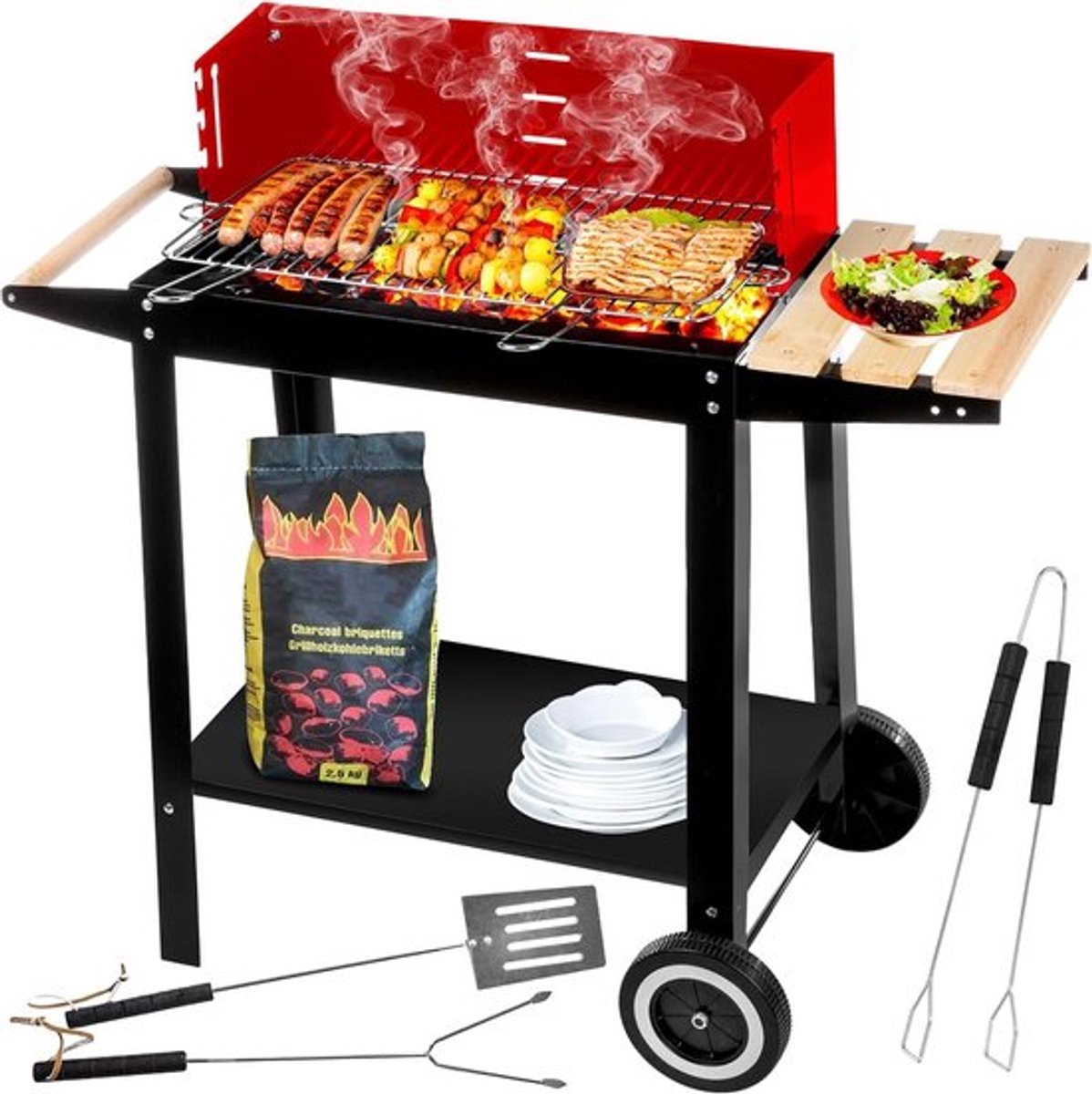 Houtskoolbarbecue met chroomrooster 50 × 26,5 cm - Barbecue met wielen - Grill voor meerdere personen - Praktische plank - Klassieke houtskoolbarbecue