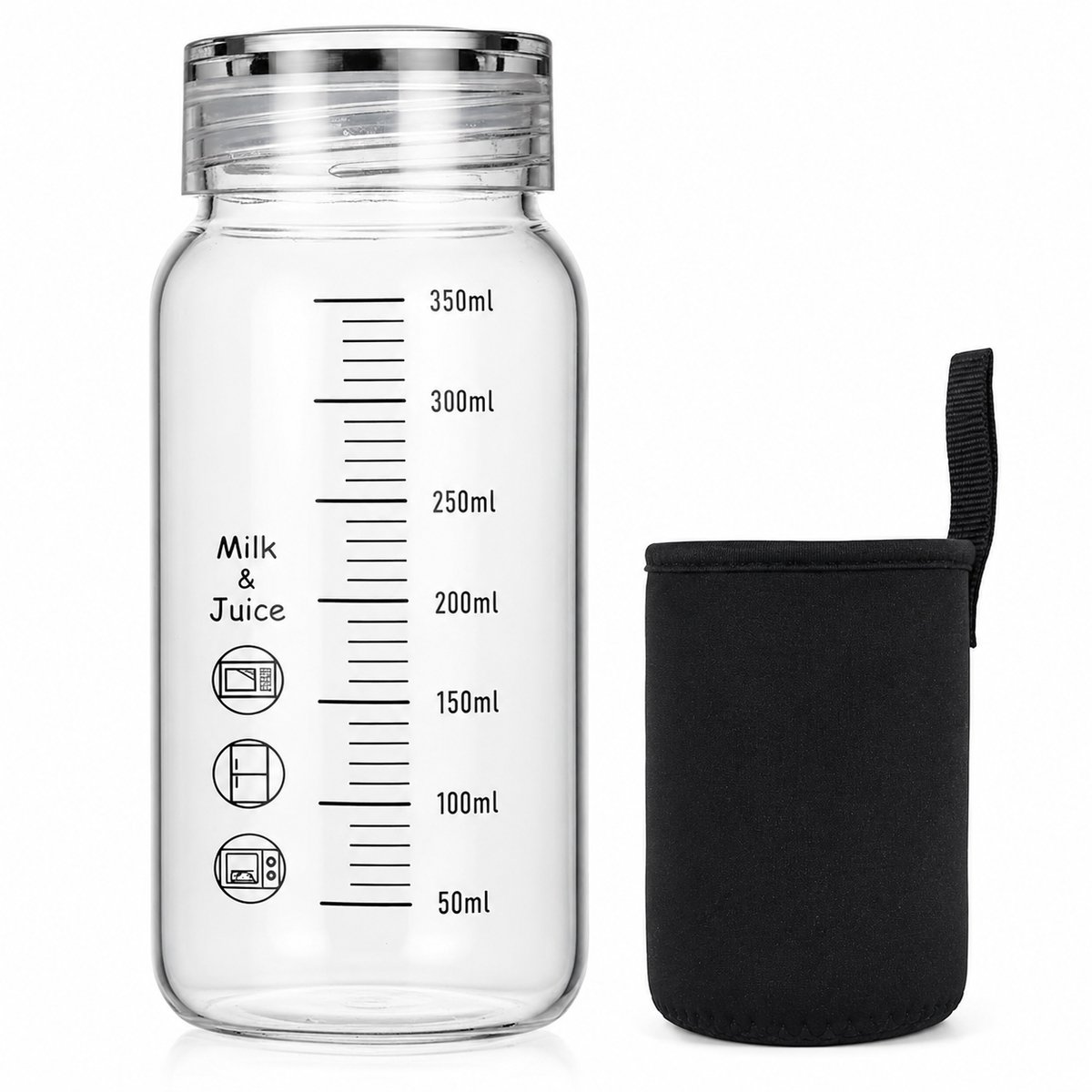 VHV - Glazen Waterfles - 350 ml Drinkfles - Maatverdeling - Borosilicaatglas -Waterflessen- Fles met Thermische Hoes - Lekvrije Waterfles voor Thee en Koffie - Transparant