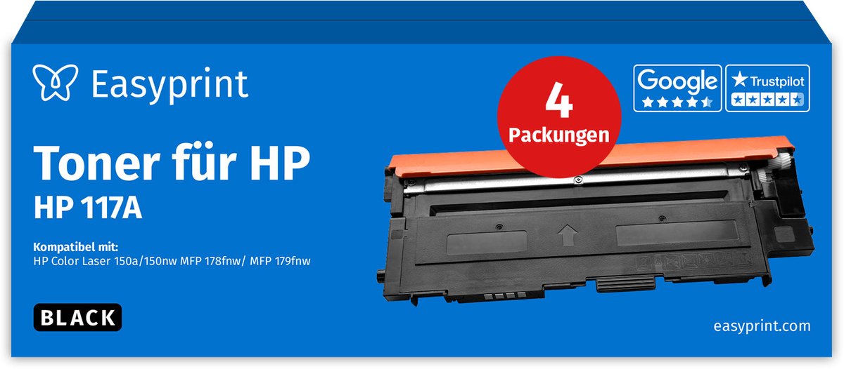 NIEUW: Easyprint Toner voor HP 117A zwart, compatibel met HP ColorLaser 150, MFP-178, e.d., 4 stuks
