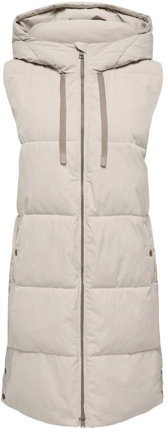 Lichtgrijze lange, gewatteerde bodywarmer met capuchon en ritssluiting, van voren gezien.