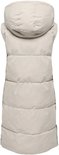 Lichtgrijze lange, gewatteerde bodywarmer met capuchon, van voren gezien.