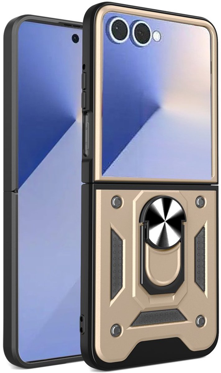 MobyDefend Hoesje - Geschikt voor Samsung Galaxy Z Flip 8 - Pantsercase Met Draaibare Ring - Goud