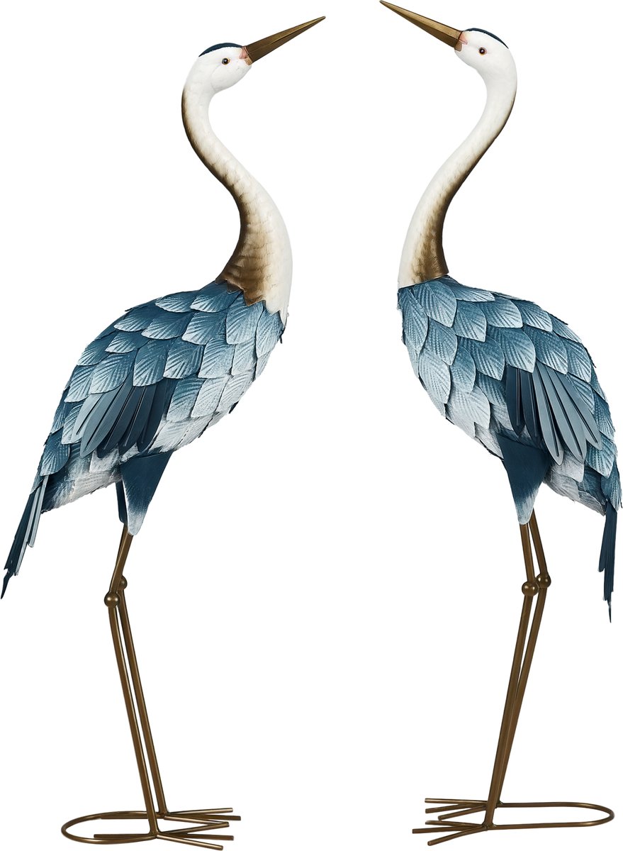 2-delige set tuinsculpturen in de vorm van een kraanvogel – decoratieve buitenornamenten – vogelsculpturen voor het gazon en de tuin – metalen tuinvogelornamenten – blauw