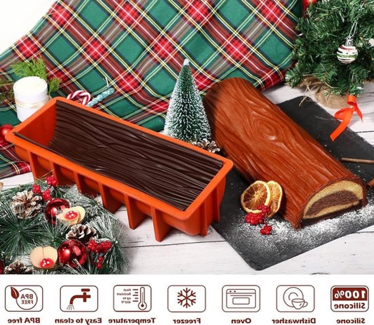 Yule Log-mal Siliconen Kerst Cake-mal met 2 Siliconen matten - Buche de Noel-vorm 32 x 132 x 75 cm