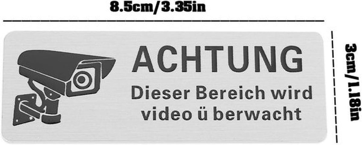 Beveiligingssticker - Waarschuwingsbord - Zelfklevend - 10 stuks - 8,5 x 3 cm - Aluminium - Video-bewaking - Sticker - Geschikt voor binnen en buiten - Zilverkleurig "Let op: Dit gebied wordt bewaakt"