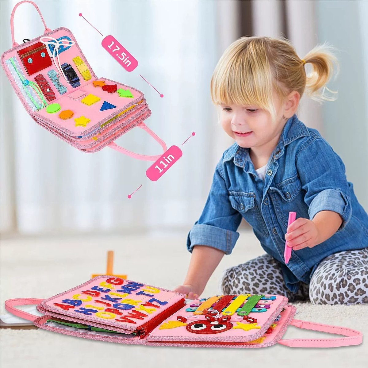 Montessori speelbord voor meisjes van 3 jaar, sensorisch boek met educatieve activiteiten voor het ontwikkelen van fijne motoriek, verjaardagscadeau voor meisjes, reisspeelgoed voor in de auto of vliegtuig, roze