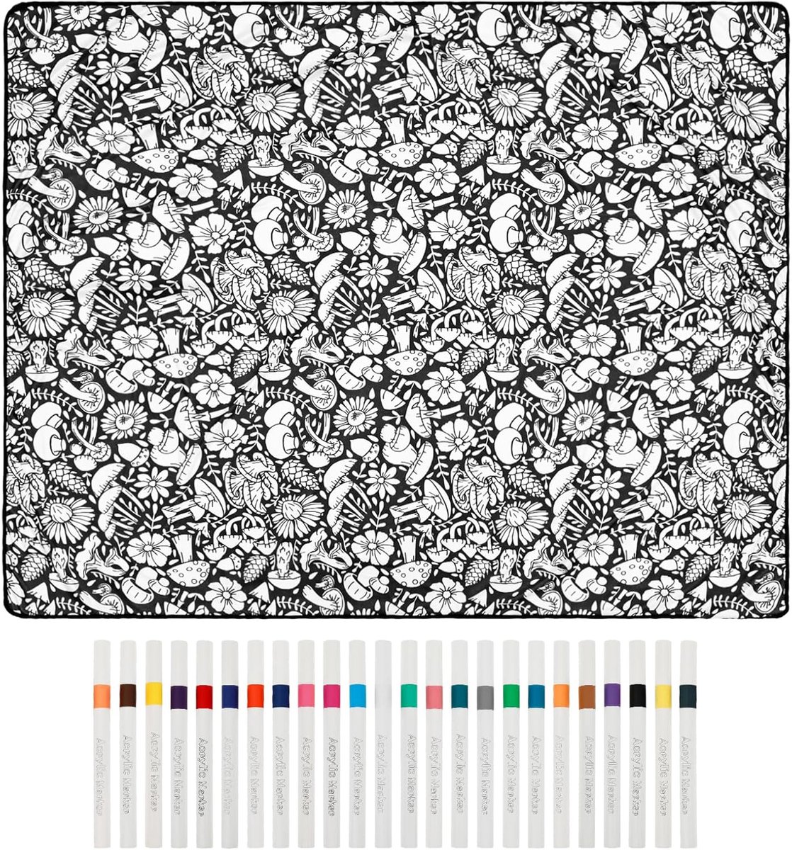 DIY-inkleurdeken-set - 150×125cm - kleurdeken - Grote teken-deken - met stiften - Wasbaar creatief kleed – DIY-inkleurdeken voor volwassenen & kinderen – Decoratieve plaid voor bank of bed