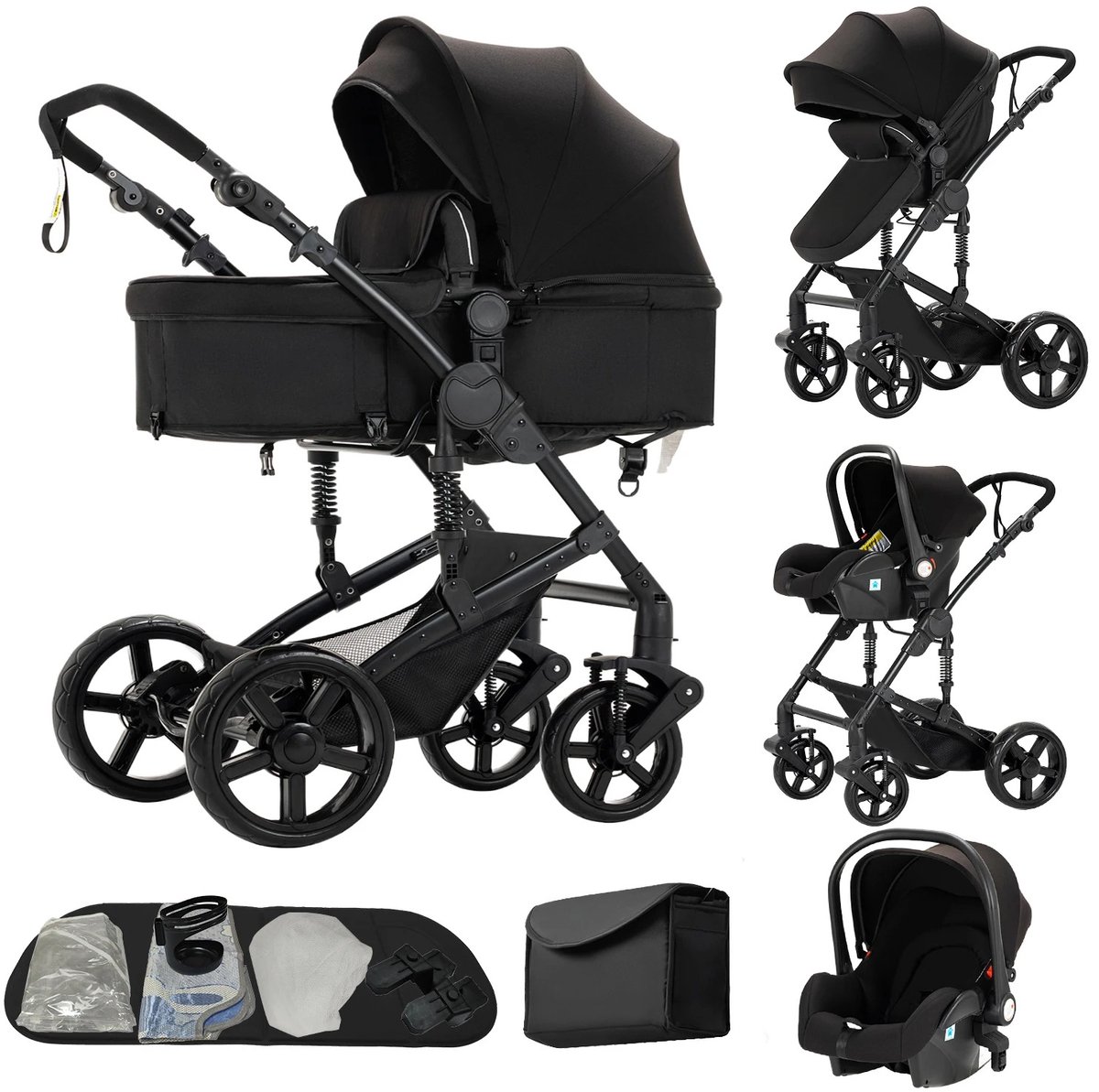 Kinderwagen - Buggy - 3 in 1 - Wandelwagen - Luxe Kinderwagen - Autostoeltje - Reiswieg - Met Opbergmand - Met Tas - Zwart