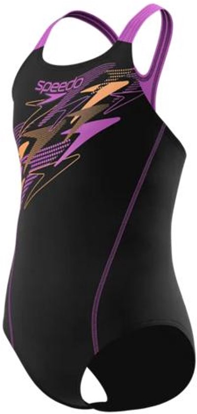 Zwart Speedo badpak met roze, paarse en oranje grafische print op de voorkant en roze bandjes.