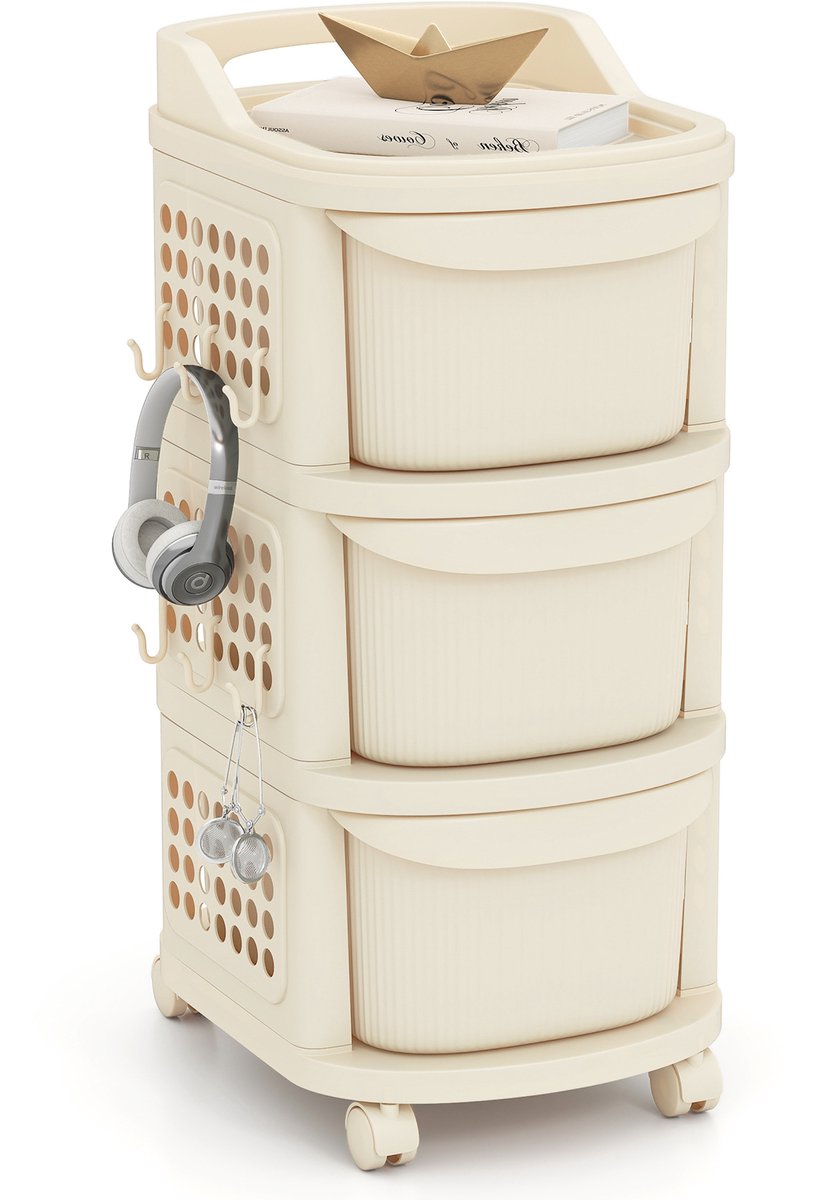 COSTWAY Nischenkast smal op wielen 30 cm breed - nisrek met 3 laden - pegboard - handgreep - 6 haken - ruimtebesparend - rolwagen voor badkamer keuken wit