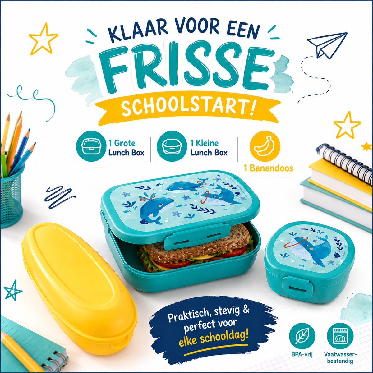 3-Delige Lunchbox Set voor Kinderen – Lunch Box + Kleine Lunchbox + Banana Box | Voor School & Onderweg |  Cadeau: Verschillende Snoepjes in de Verpakking