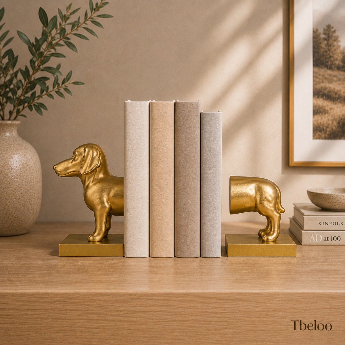 Tbeloo decoratieve boekensteun in de vorm van een gouden hond. Geschikt voor het ondersteunen van boeken en als stijlvolle woondecoratie voor woonkamer, slaapkamer, kantoor of boekenkast, set van 2