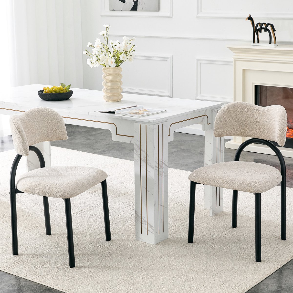 Wishdor Eetkamerstoel set van 2 - Gewatteerde zitting en rugleuning - Zwart metalen buisframe - Beige stof - 50,7 x 47 x 81,5 cm