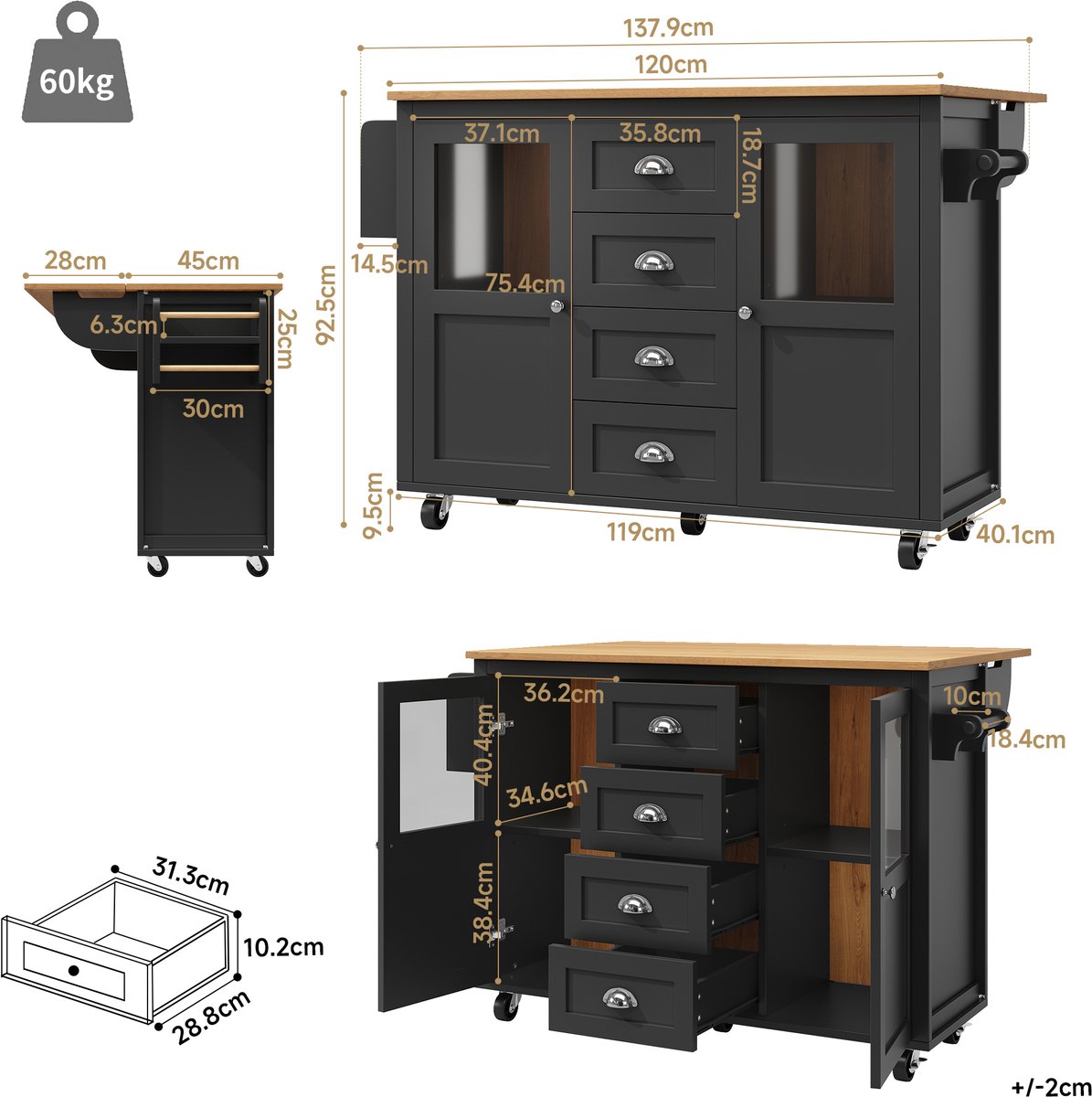 Keukentrolley - met mobiel ontwerp en uitschuifbaar werkblad en opbergruimte - zwart - afmetingen 137,9 x 73 x 92,5 cm - voor een praktische keuken